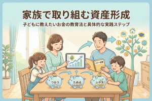 「家族で取り組む資産形成」という見出しの下、リビングで「マネー会議」を行う4人家族のイラスト。子どもたちが「つかう・ためめる・ふやす」と書かれた3つの貯金箱にお金を分け、両親がタブレットのグラフを見せながらお金の教育をしているポジティブな様子。