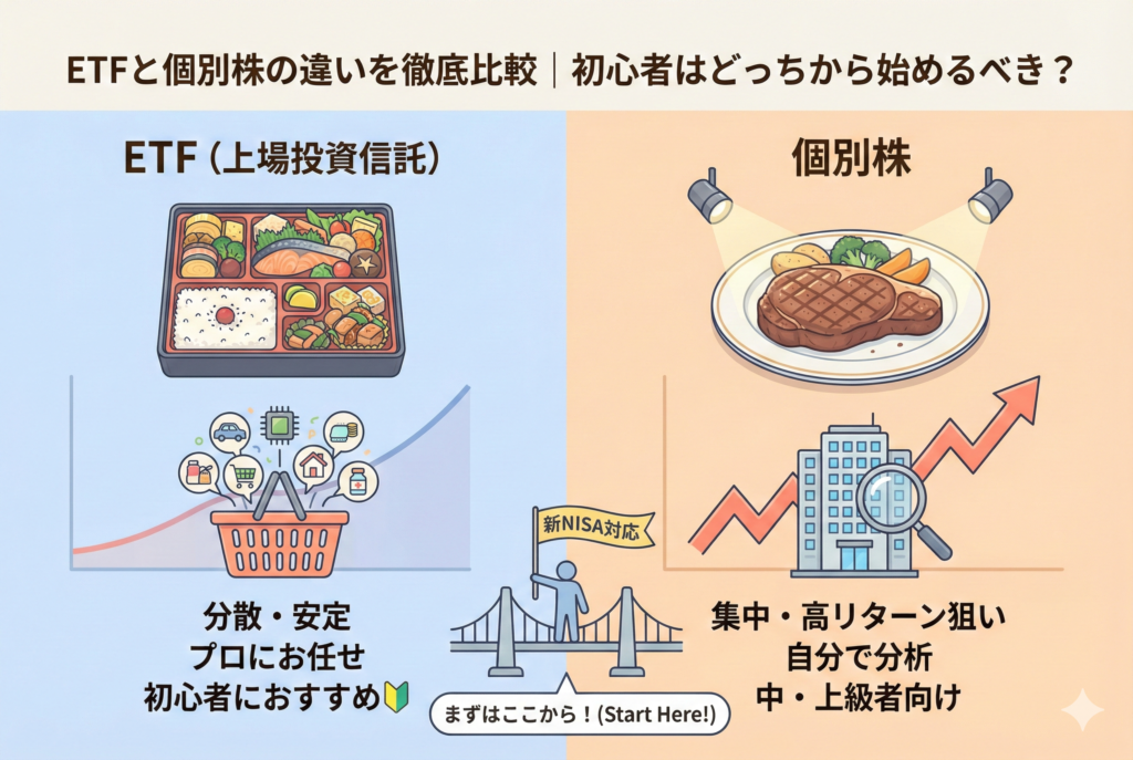 ETFと個別株の違いを比較したインフォグラフィック。「分散・安定」を象徴する幕の内弁当（ETF）と、「集中・高リターン狙い」を象徴するステーキ皿（個別株）を対比させ、初心者が新NISAなどでどちらを優先すべきかを視覚的に解説している。