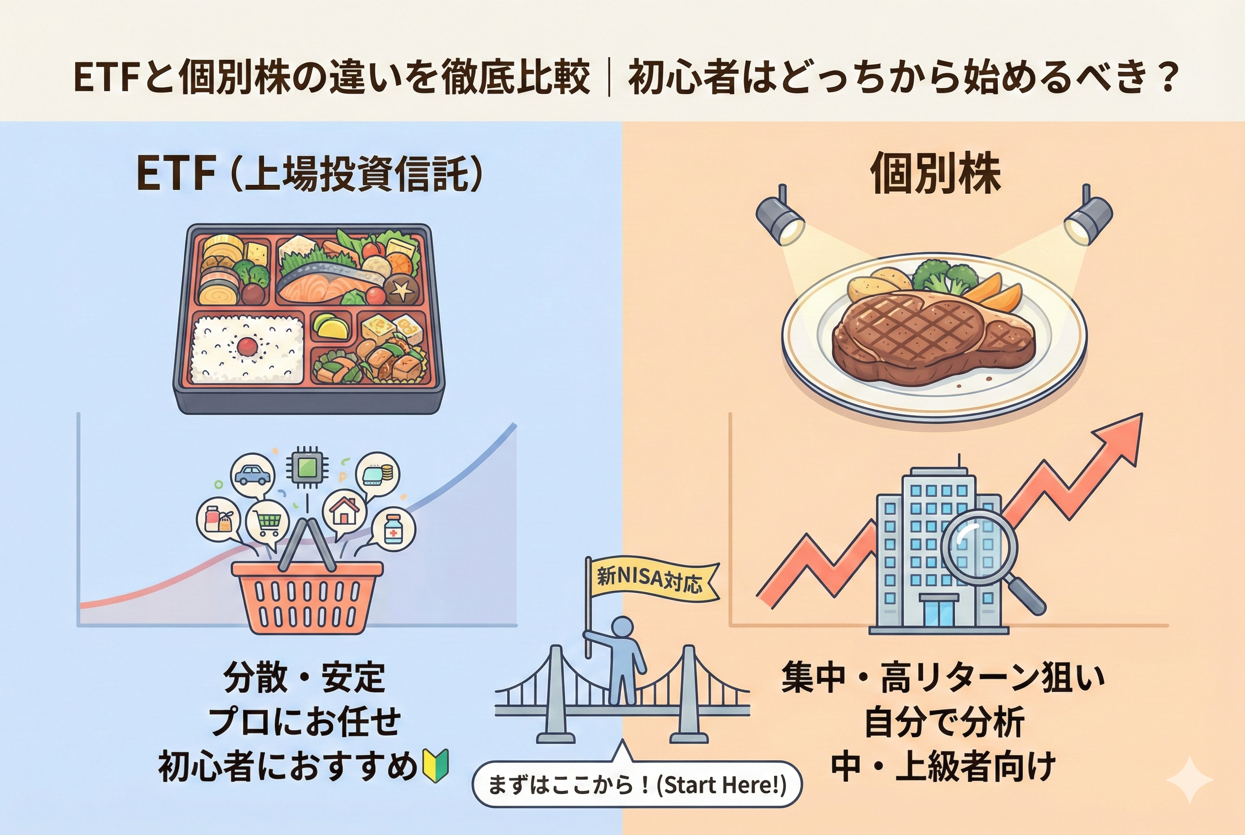 ETFと個別株の違いを比較したインフォグラフィック。「分散・安定」を象徴する幕の内弁当(ETF)と、「集中・高リターン狙い」を象徴するステーキ皿(個別株)を対比させ、初心者が新NISAなどでどちらを優先すべきかを視覚的に解説している。