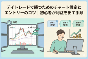 「デイトレードで勝つためのチャート設定とエントリーのコツ｜初心者が利益を出す手順」というタイトルが入ったアイキャッチ画像。左側にはVWAPやエントリーポイントが示されたチャート画面、右側には設定・監視・利益の3ステップを実践する投資家のイラストが描かれた精緻なデザイン。