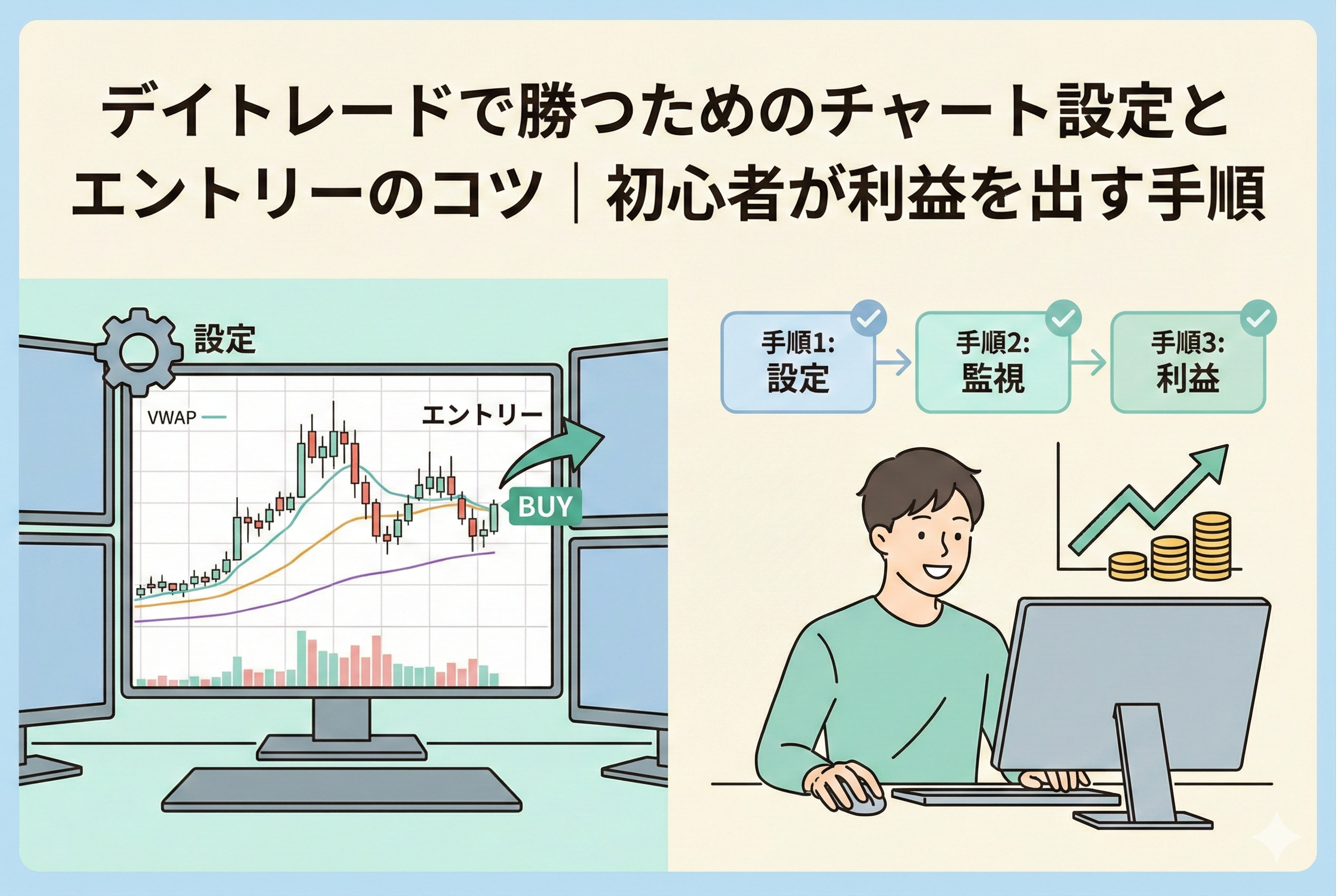 「デイトレードで勝つためのチャート設定とエントリーのコツ｜初心者が利益を出す手順」というタイトルが入ったアイキャッチ画像。左側にはVWAPやエントリーポイントが示されたチャート画面、右側には設定・監視・利益の3ステップを実践する投資家のイラストが描かれた精緻なデザイン。