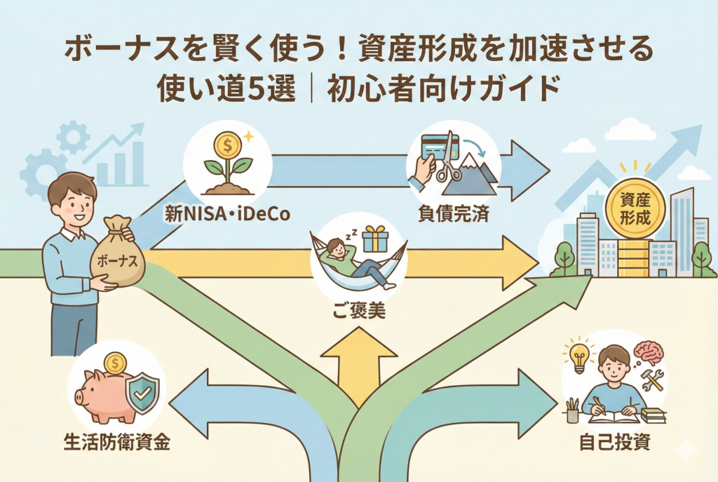 「ボーナスを賢く使う！資産形成を加速させる使い道5選｜初心者向けガイド」というタイトルのアイキャッチ画像。ボーナスの袋を持った男性から、「新NISA・iDeCo」「負債完済」「ご褒美」「生活防衛資金」「自己投資」という5つの使い道へ矢印が伸び、最終的に大きな資産形成へと繋がるプロセスを描いた清潔感のある図解イラスト。