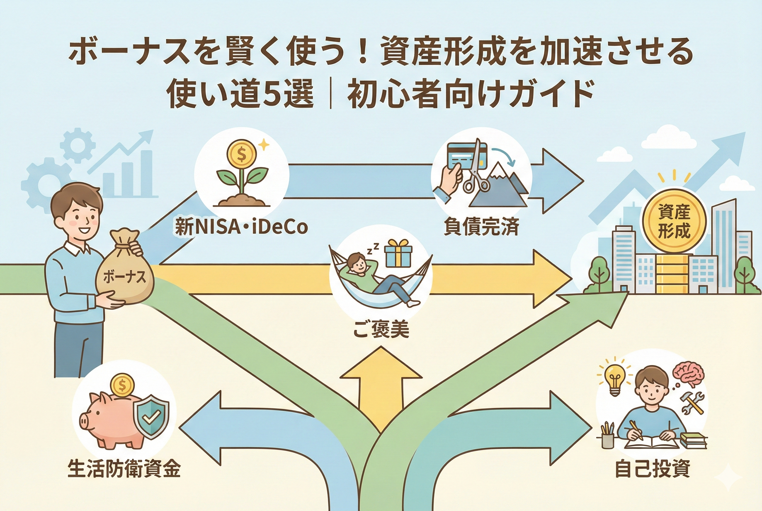 「ボーナスを賢く使う！資産形成を加速させる使い道5選｜初心者向けガイド」というタイトルのアイキャッチ画像。ボーナスの袋を持った男性から、「新NISA・iDeCo」「負債完済」「ご褒美」「生活防衛資金」「自己投資」という5つの使い道へ矢印が伸び、最終的に大きな資産形成へと繋がるプロセスを描いた清潔感のある図解イラスト。