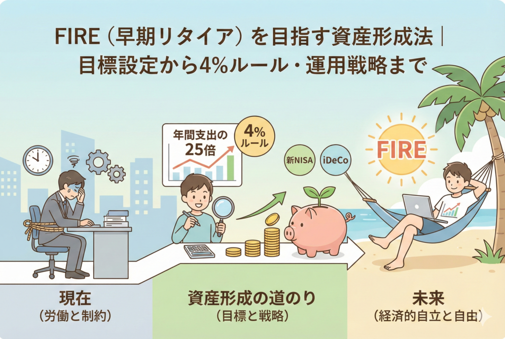 「FIRE(早期リタイア)を目指す資産形成法」というタイトルの図解イラスト。左側で労働と時間に縛られている「現在」の会社員が、中央で「年間支出の25倍」「4%ルール」「新NISA」「iDeCo」を活用した「資産形成の道のり」を経て、右側でハンモックに揺られ経済的自立と自由を謳歌するビーチでの「未来」へと進むプロセスを分かりやすく表現している。