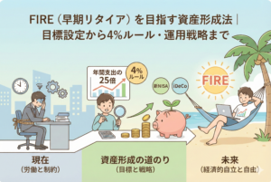 「FIRE（早期リタイア）を目指す資産形成法」というタイトルの図解イラスト。左側で労働と時間に縛られている「現在」の会社員が、中央で「年間支出の25倍」「4%ルール」「新NISA」「iDeCo」を活用した「資産形成の道のり」を経て、右側でハンモックに揺られ経済的自立と自由を謳歌するビーチでの「未来」へと進むプロセスを分かりやすく表現している。