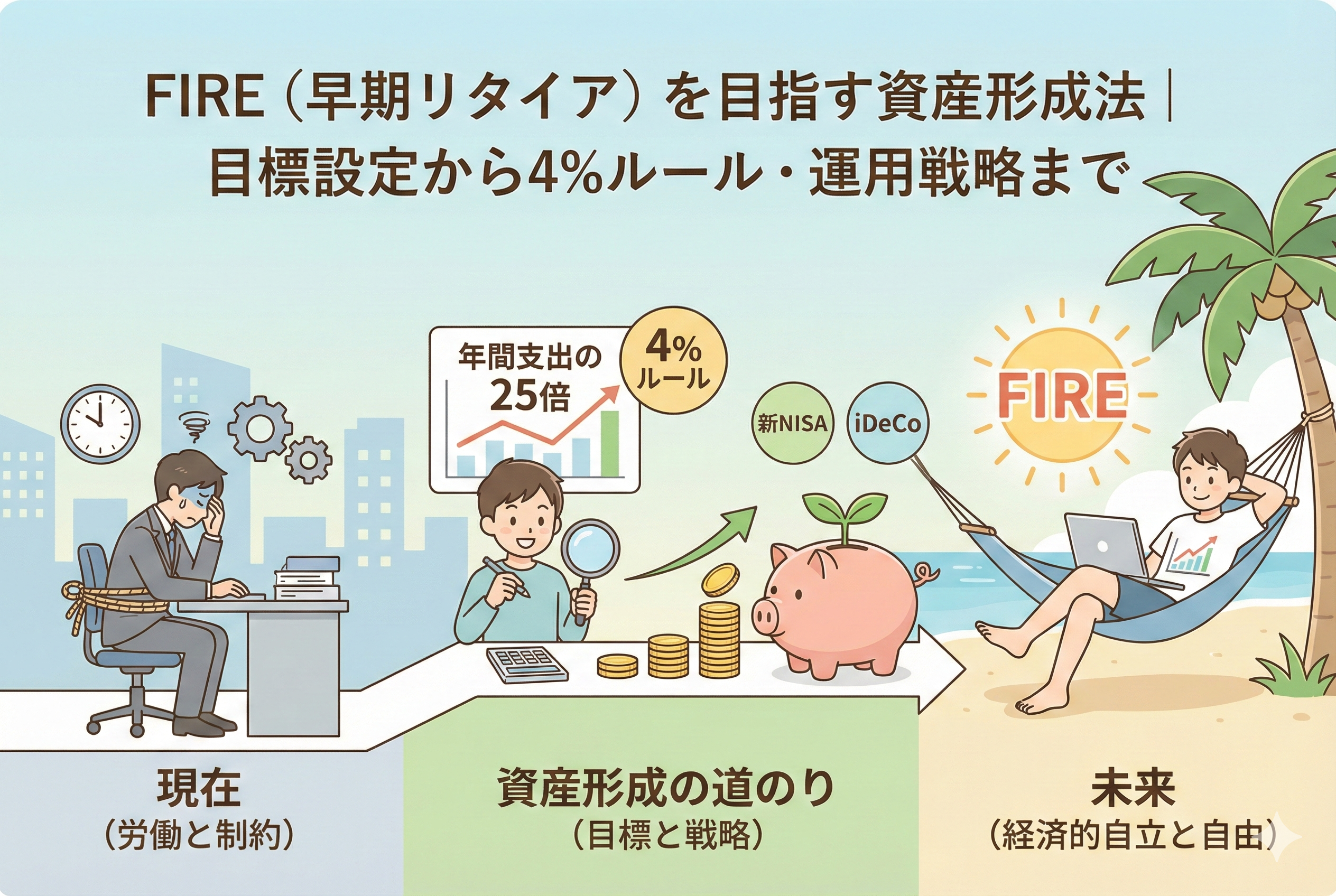 「FIRE(早期リタイア)を目指す資産形成法」というタイトルの図解イラスト。左側で労働と時間に縛られている「現在」の会社員が、中央で「年間支出の25倍」「4%ルール」「新NISA」「iDeCo」を活用した「資産形成の道のり」を経て、右側でハンモックに揺られ経済的自立と自由を謳歌するビーチでの「未来」へと進むプロセスを分かりやすく表現している。