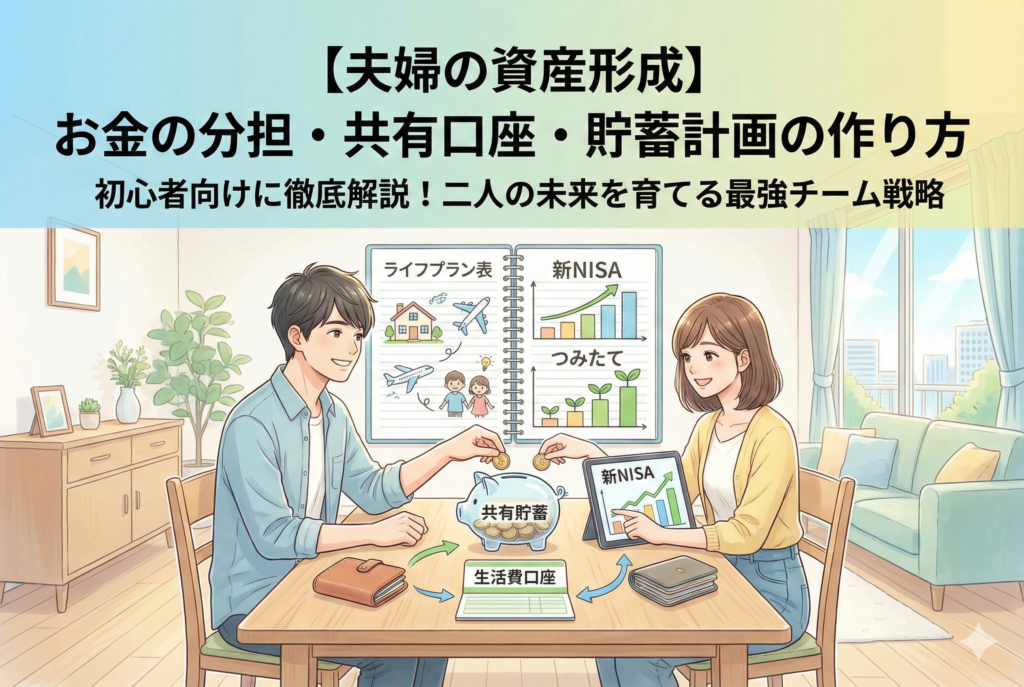 【夫婦の資産形成】というタイトルの下、リビングでライフプラン表やタブレットの新NISAグラフを確認しながら、共有貯蓄の貯金箱にコインを入れる笑顔の夫婦のイラスト。生活費口座の管理や将来の計画を二人で協力して進める様子を表現しています。