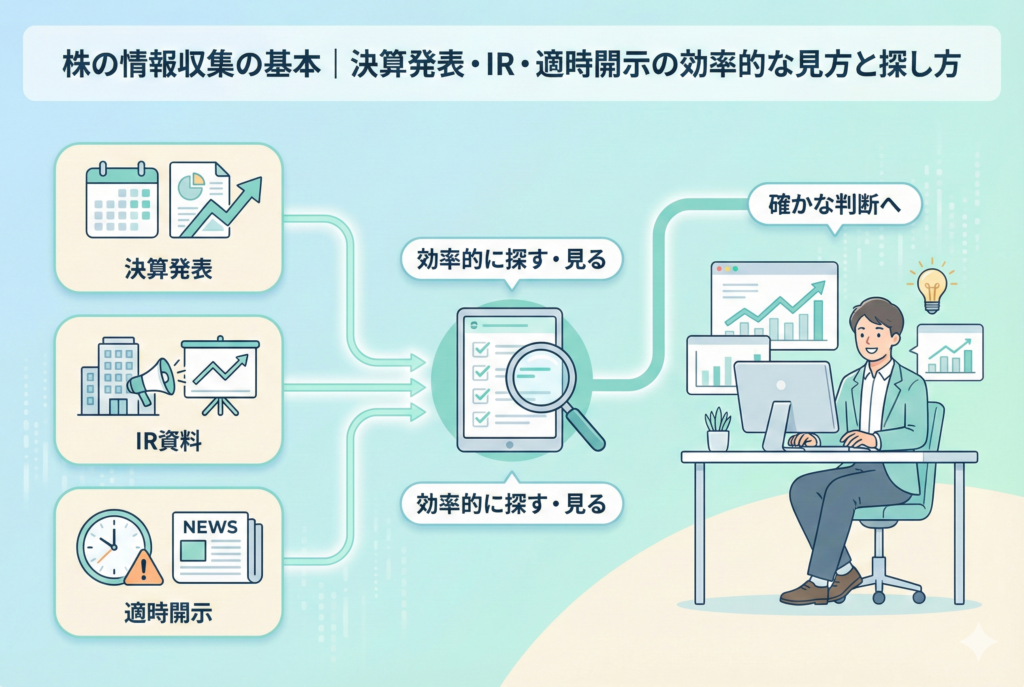 株の情報収集のプロセスを図解したインフォグラフィック。「決算発表」「IR資料」「適時開示」という3つの主要な情報源を、効率的に探して分析することで、投資家が「確かな判断」へとたどり着く流れを表現しています。パソコンで冷静に分析する投資家のイラストを交えた清潔感のあるデザインです。