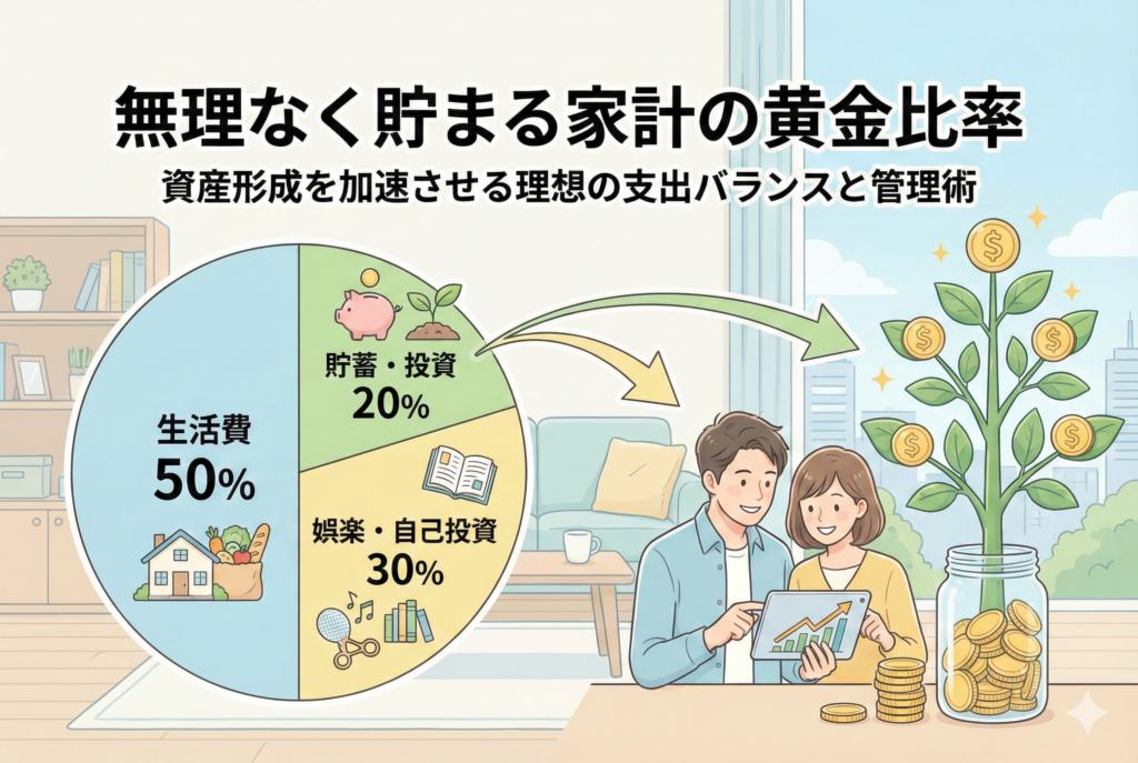 「無理なく貯まる家計の黄金比率」という見出しと共に、生活費50％・娯楽30％・投資20％の理想的なバランスを示す円グラフと、資産の成長を笑顔で確認する男女のイラスト。