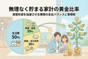 「無理なく貯まる家計の黄金比率」という見出しと共に、生活費50％・娯楽30％・投資20％の理想的なバランスを示す円グラフと、資産の成長を笑顔で確認する男女のイラスト。
