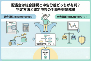 配当金の課税方式は「総合課税」と「申告分離課税」のどちらが有利かを解説するアイキャッチ画像。中央で悩む投資家が、「有利判定フローチャート」を使って、配当控除で還付金が得られる総合課税か、損益通算ができる申告分離課税かを選択し、最終的にスマートフォンで確定申告を完了させるまでの手順をイラストで図解している。