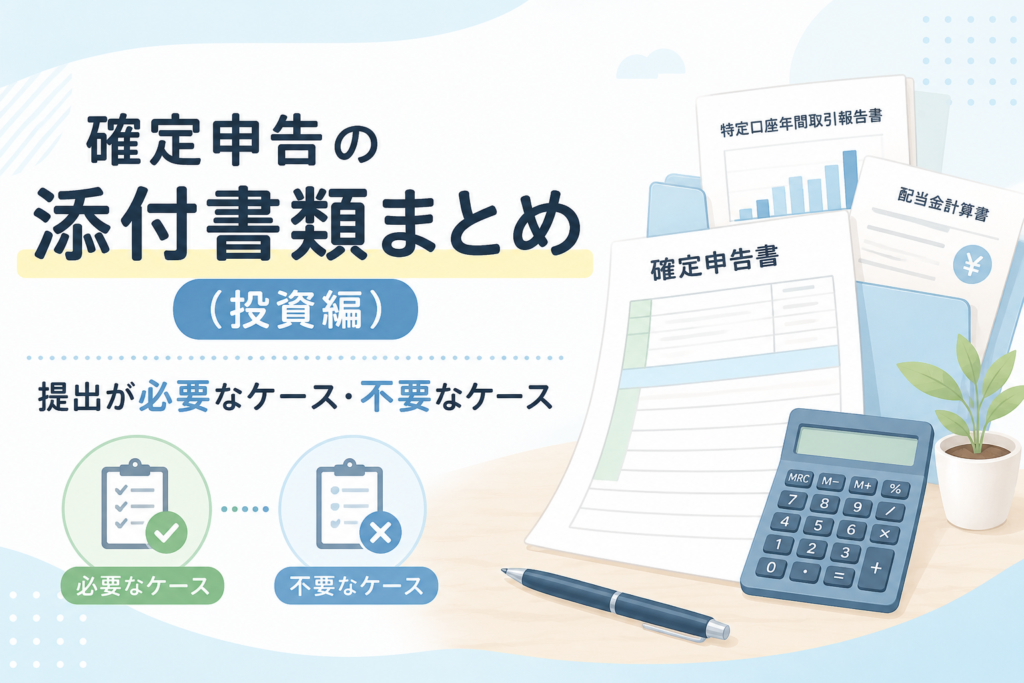 投資に関する確定申告の添付書類について、提出が必要なケースと不要なケースをチェックリストや申告書類のイラストでわかりやすく示したアイキャッチ画像。